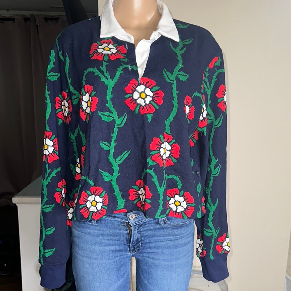 Rowing Blazers Red and Green Crew Neck Sweater with Floral Design